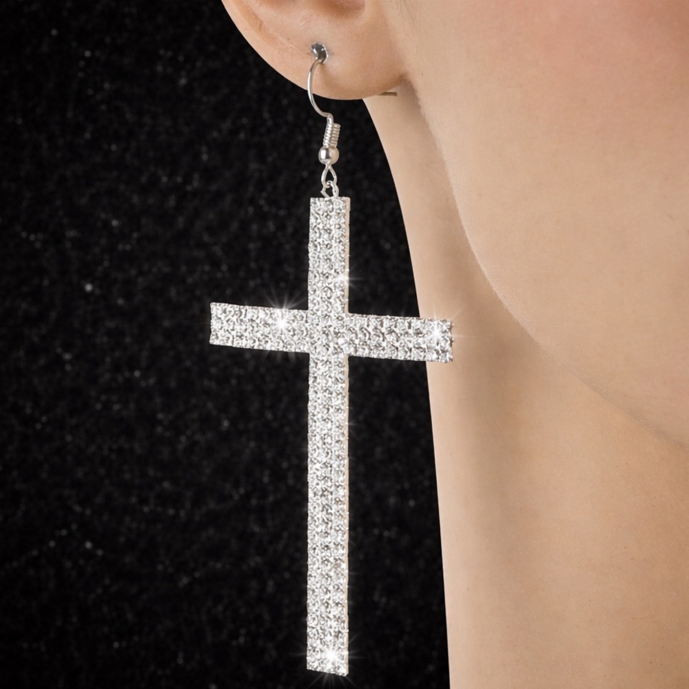 3.7" Pave set Crystal cz CROSS Dangle Drop Long statement ladies Earrings Silver